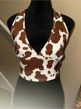 UEC Altar'd State Brown and Cream Cow Print Halter Crop Top Sz L